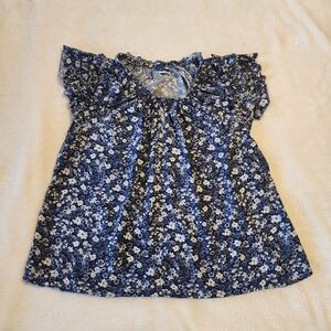 Old Navy Navy and White Floral Ruffle Neck Top